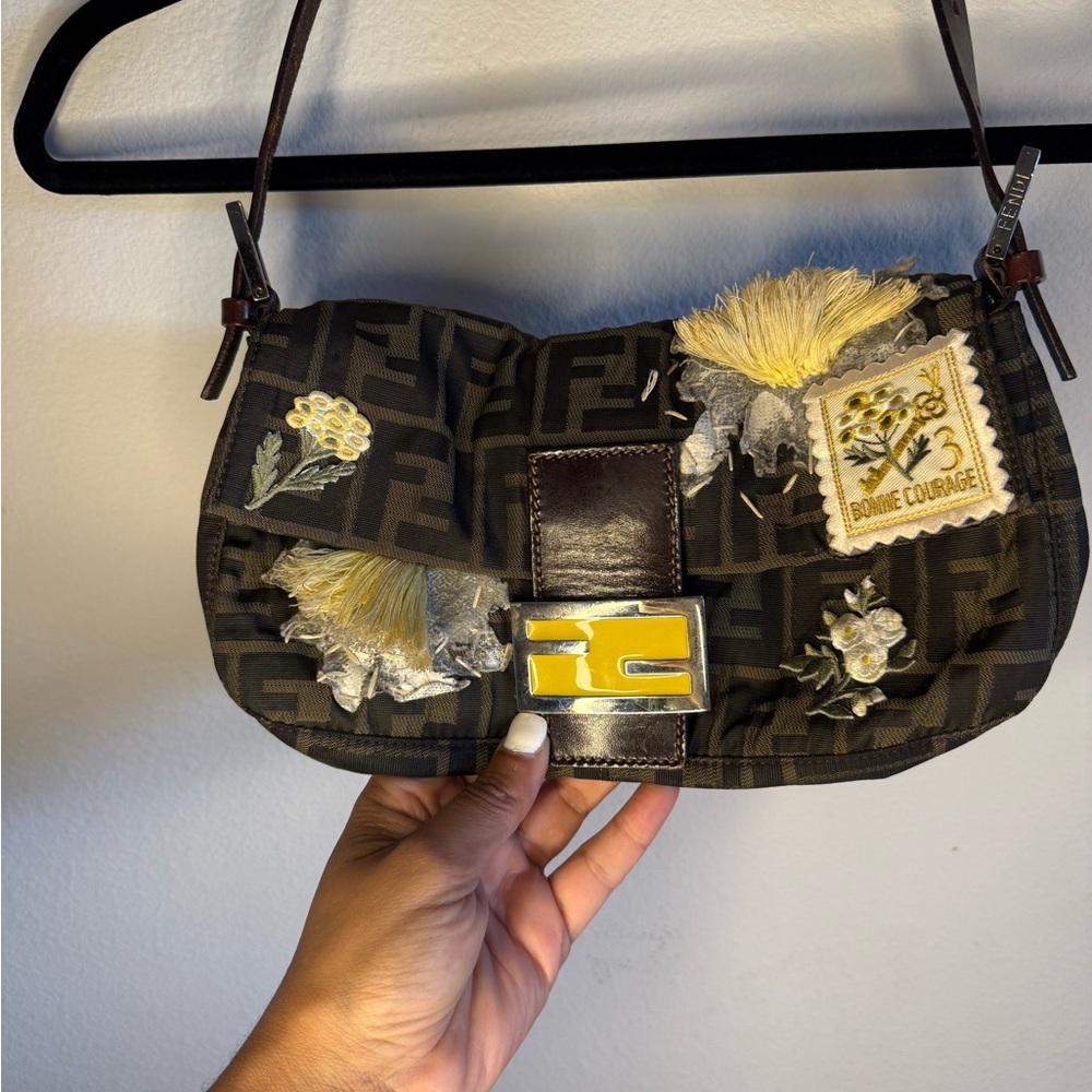 Fendi Black and Yellow Embroidered Baguette Bag